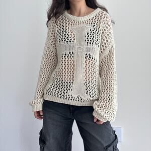 Racer Worldwide Cross Net Sweater Womens Medium Beige Cream Crochet Open Knit